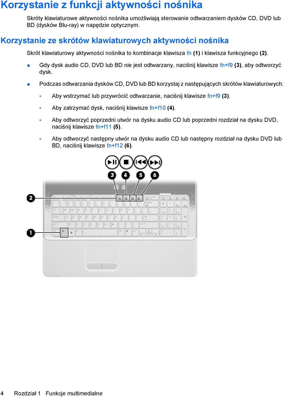 Gdy dysk audio CD, DVD lub BD nie jest odtwarzany, naciśnij klawisze fn+f9 (3), aby odtworzyć dysk.