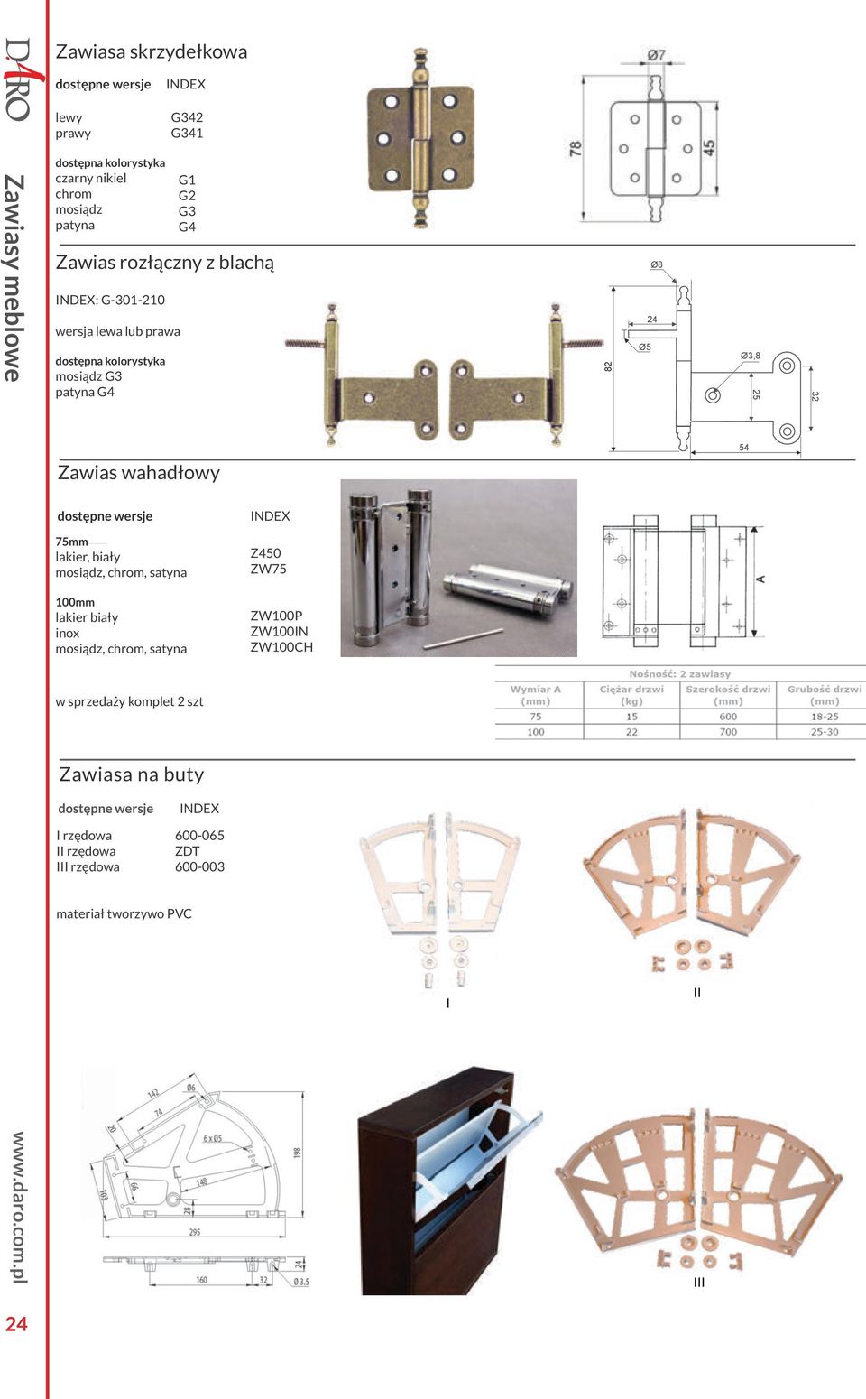 biały mosiądz, chrom, satyna 100mm lakier biały inox mosiądz, chrom, satyna w sprzedaży komplet 2 szt Zawiasa na buty I rzędowa II