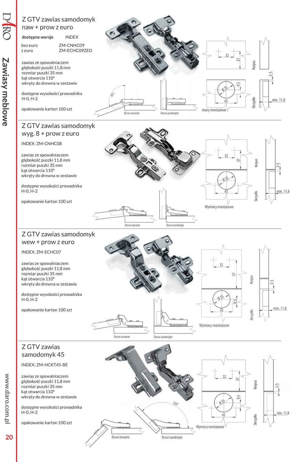 8 + prow z euro : ZM-CNHC08 zawias ze spowalniaczem głębokość puszki 11,8 mm wkręty do drewna w zestawie dostępne wysokości prowadnika H-0, H-2 opakowanie karton 100 szt Z GTV zawias samodomyk wew +