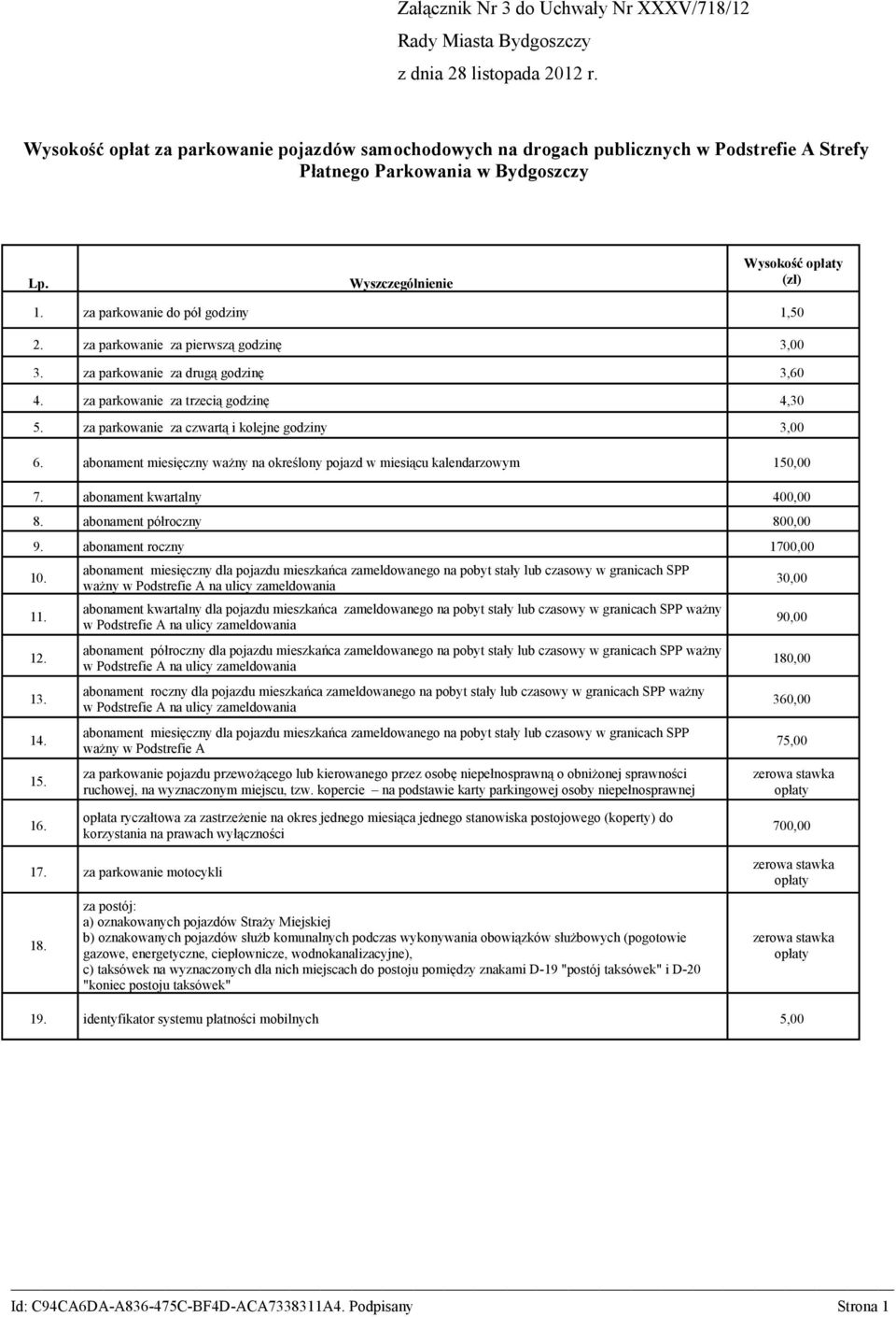 za parkowanie do pół godziny 1,50 2. za parkowanie za pierwszą godzinę 3,00 3. za parkowanie za drugą godzinę 3,60 4. za parkowanie za trzecią godzinę 4,30 5.