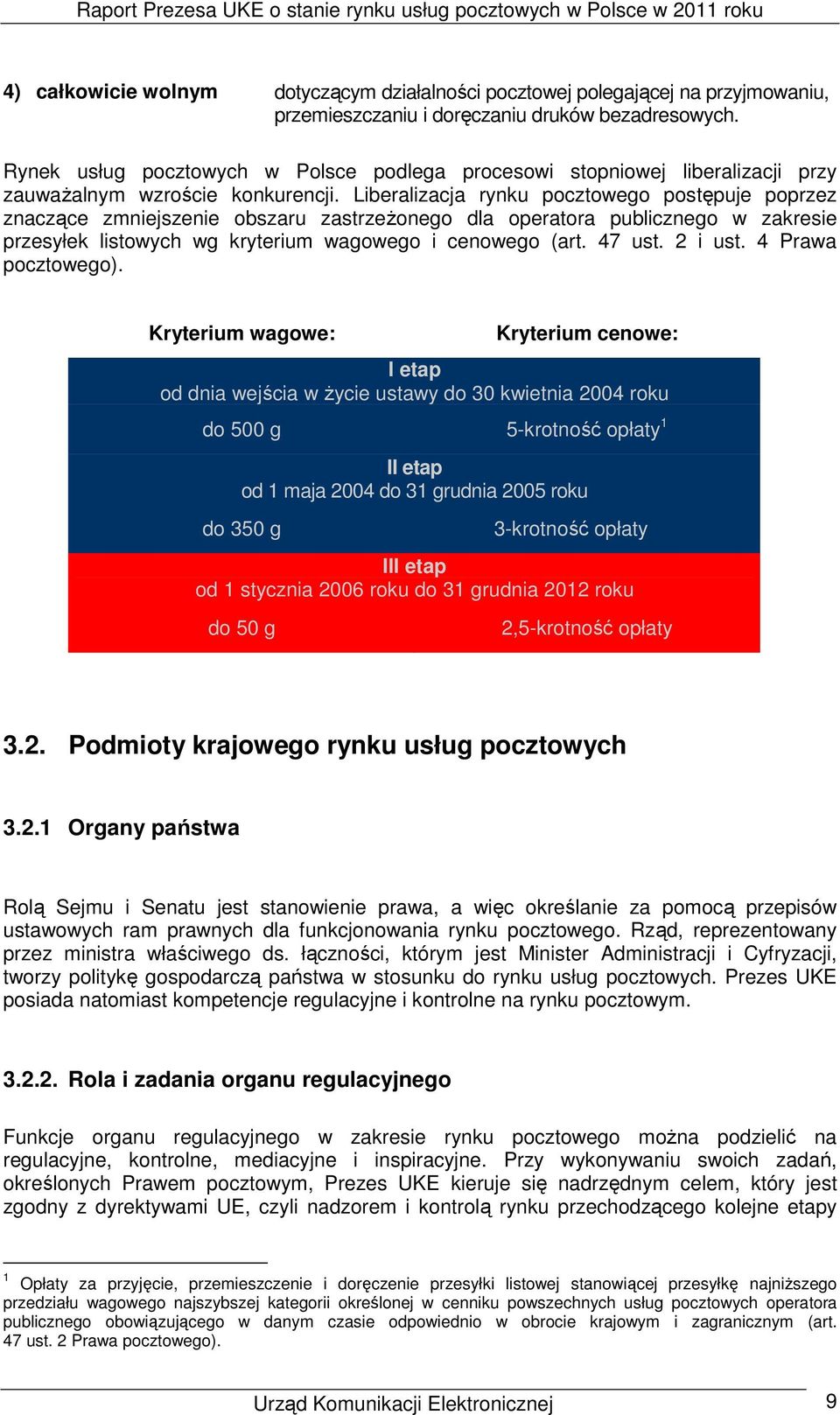 Liberalizacja rynku pocztowego postępuje poprzez znaczące zmniejszenie obszaru zastrzeŝonego dla operatora publicznego w zakresie przesyłek listowych wg kryterium wagowego i cenowego (art. 47 ust.