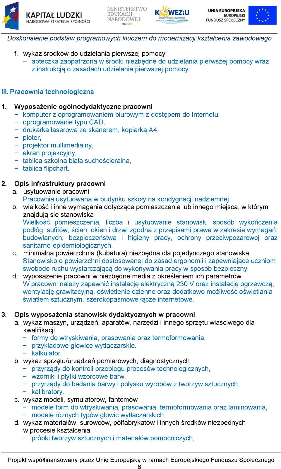 Wyposażenie ogólnodydaktyczne pracowni komputer z oprogramowaniem biurowym z dostępem do Internetu, oprogramowanie typu CAD, drukarka laserowa ze skanerem, kopiarką A4, ploter, projektor