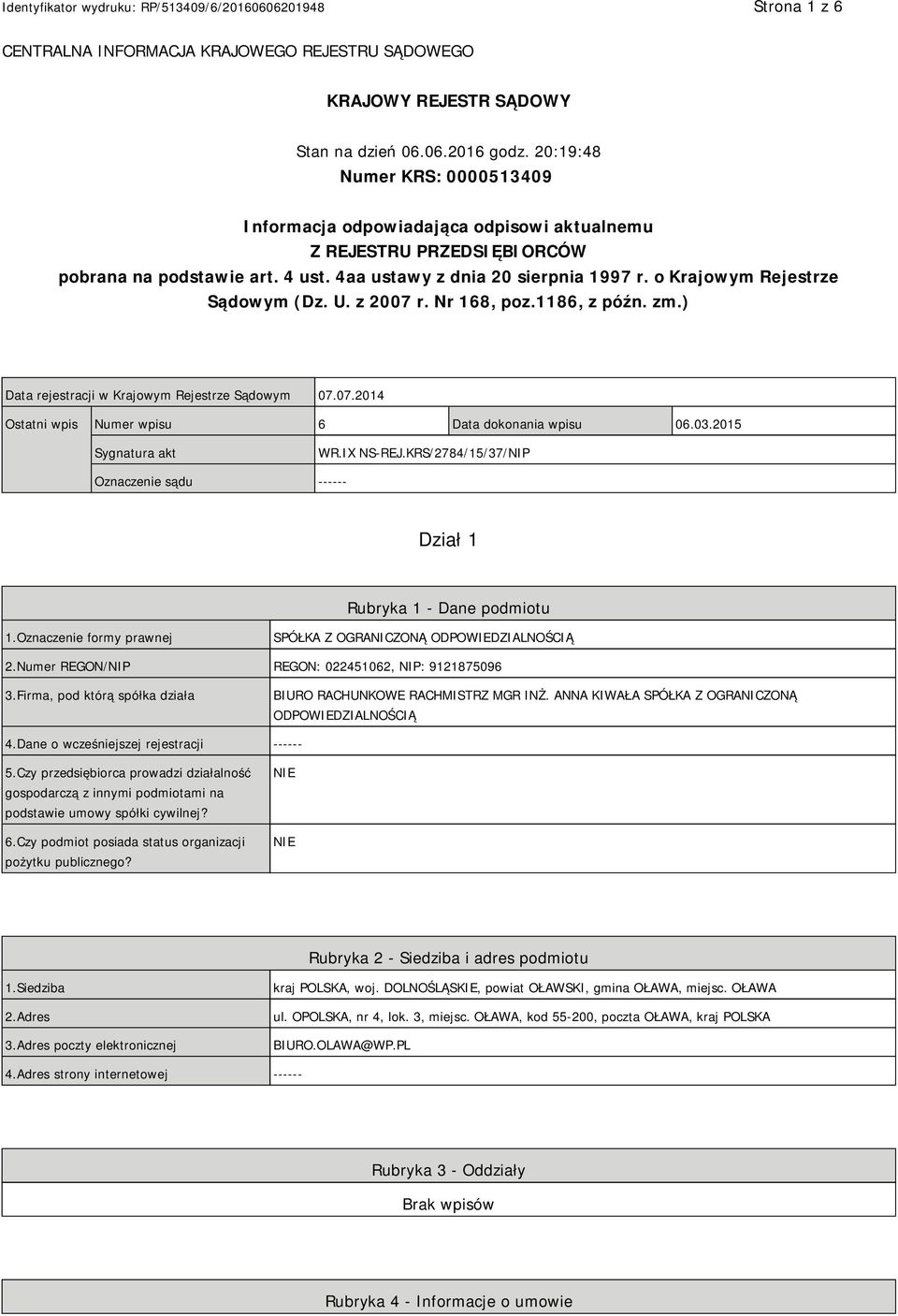 o Krajowym Rejestrze Sądowym (Dz. U. z 2007 r. Nr 168, poz.1186, z późn. zm.) Data rejestracji w Krajowym Rejestrze Sądowym 07.07.2014 Ostatni wpis Numer wpisu 6 Data dokonania wpisu 06.03.