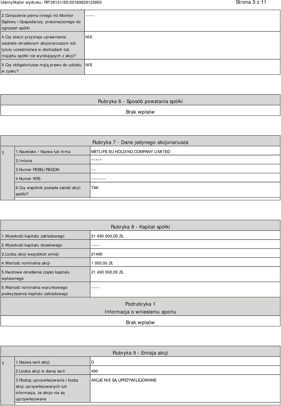 ------ Rubryka 6 - Sposób powstania spółki Rubryka 7 - Dane jedynego akcjonariusza 1 1.Nazwisko / Nazwa lub firma METLIFE EU HOLDING COMPANY LIMITED ***** 3.Numer PESEL/REGON --- 4.