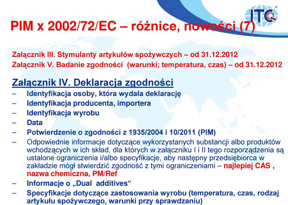 informacje dotyczące wykorzystanych substancji albo produktów wchodzących w ich skład, dla których w załączniku I i II tego rozporządzenia są ustalone ograniczenia i/albo specyfikacje, aby następny