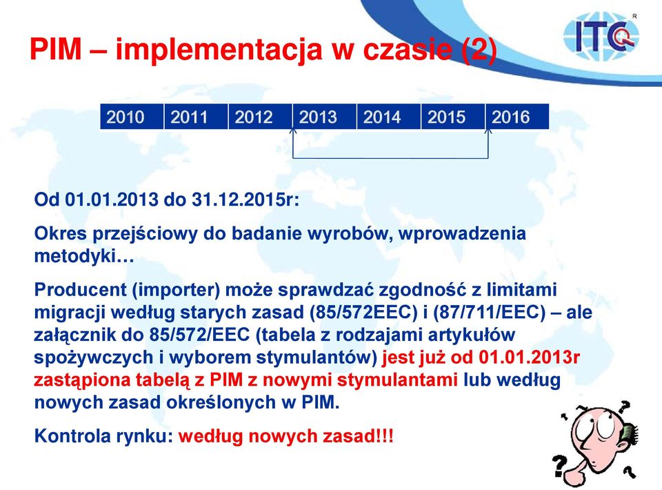 2015r: Okres przejściowy do badanie wyrobów, wprowadzenia metodyki Producent (importer) może sprawdzać zgodność z limitami