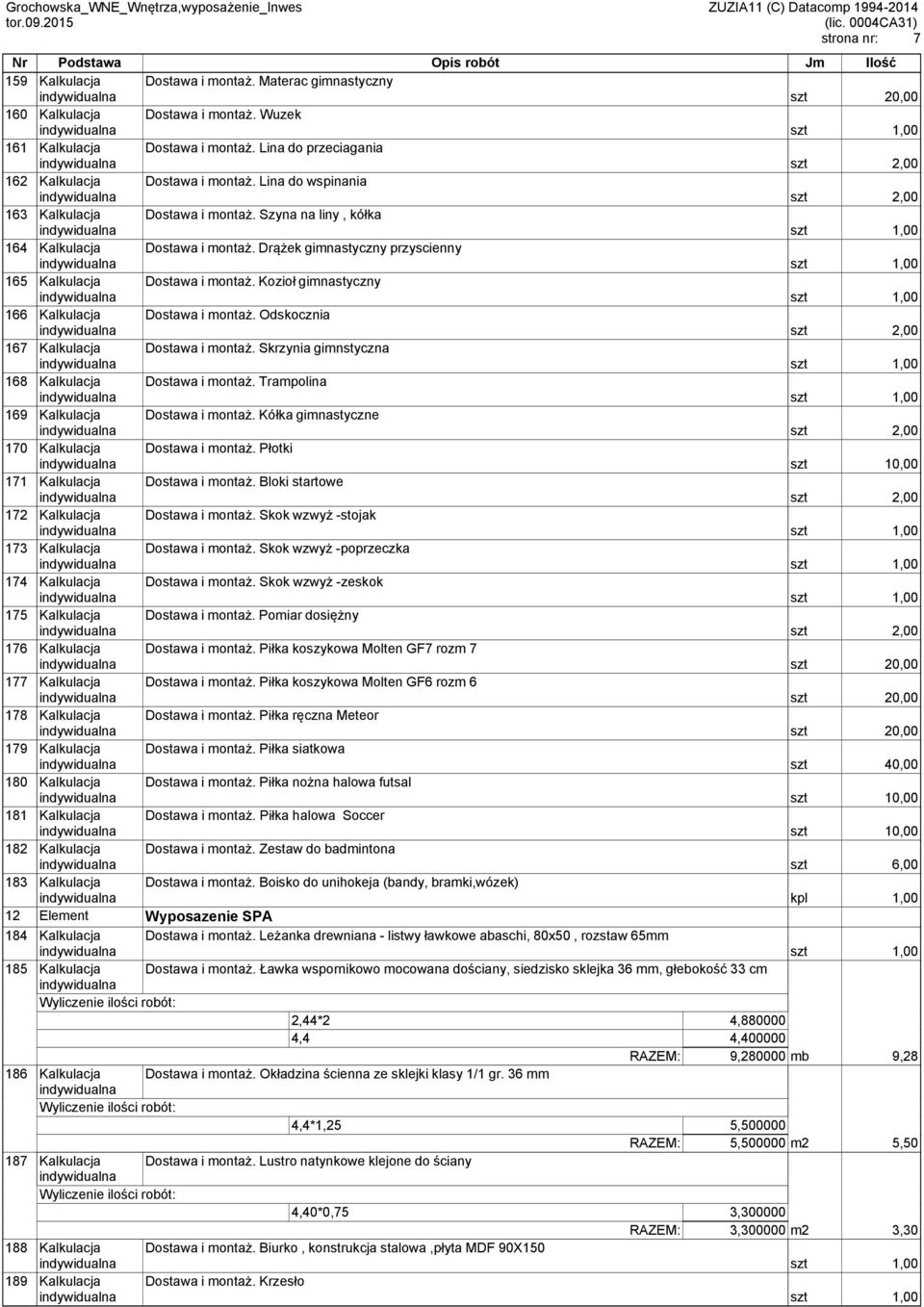 Drążek gimnastyczny przyscienny 165 Kalkulacja Dostawa i montaż. Kozioł gimnastyczny 166 Kalkulacja Dostawa i montaż. Odskocznia 167 Kalkulacja Dostawa i montaż.