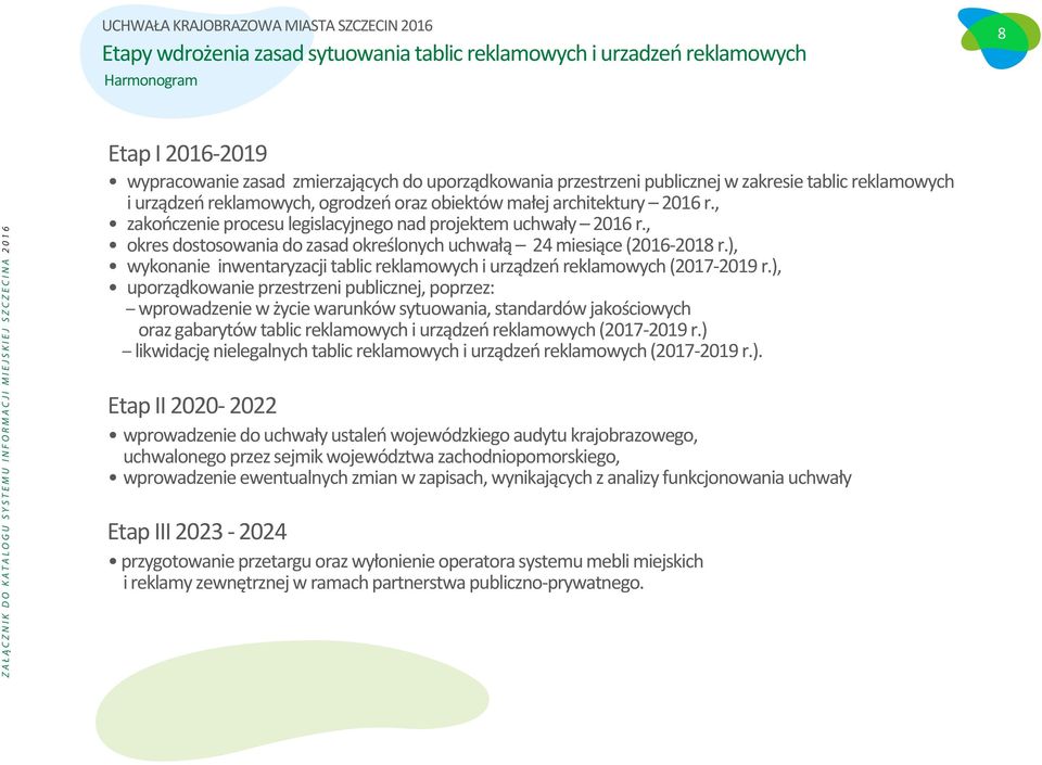 , okres dostosowania do zasad określonych uchwałą 24 miesiące (2016-2018 r.), wykonanie inwentaryzacji tablic reklamowych i urządzeń reklamowych (2017-2019 r.