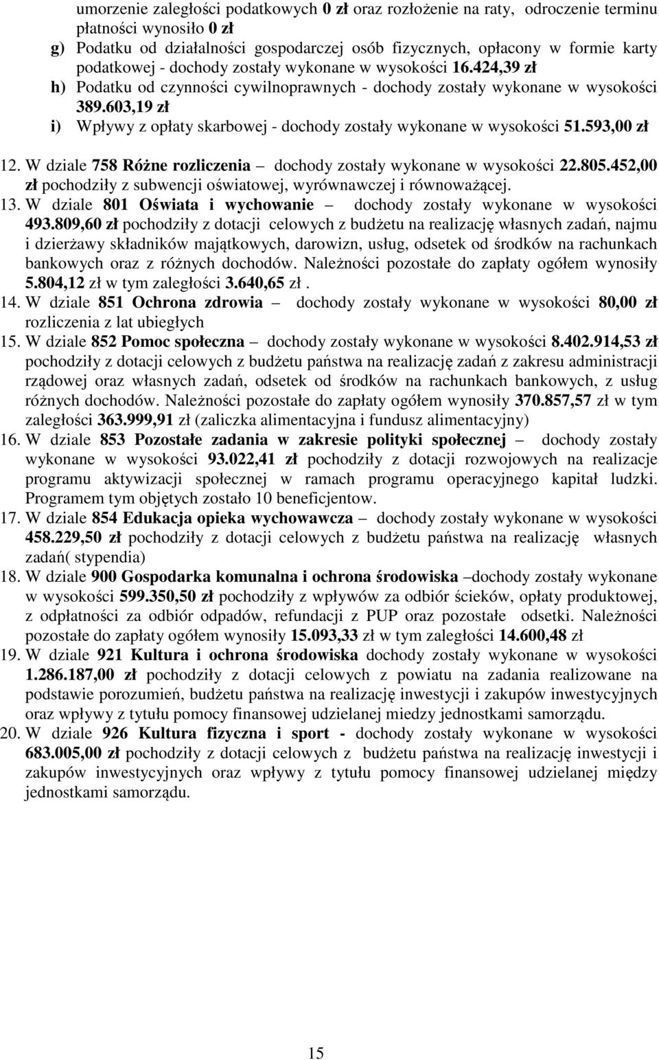 603,19 zł i) Wpływy z opłaty skarbowej - dochody zostały wykonane w wysokości 51.593,00 zł 12. W dziale 758 Różne rozliczenia dochody zostały wykonane w wysokości 22.805.