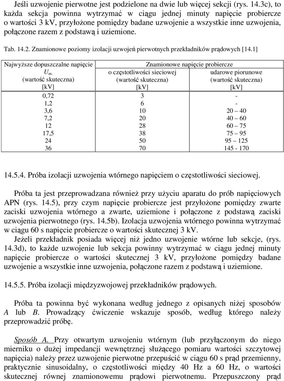 uziemione. Tab. 14.2. Znamionowe poziomy izolacji uzwojeń pierwotnych przekładników prądowych [14.1] Najwyższe dopuszczalne napięcie U m.