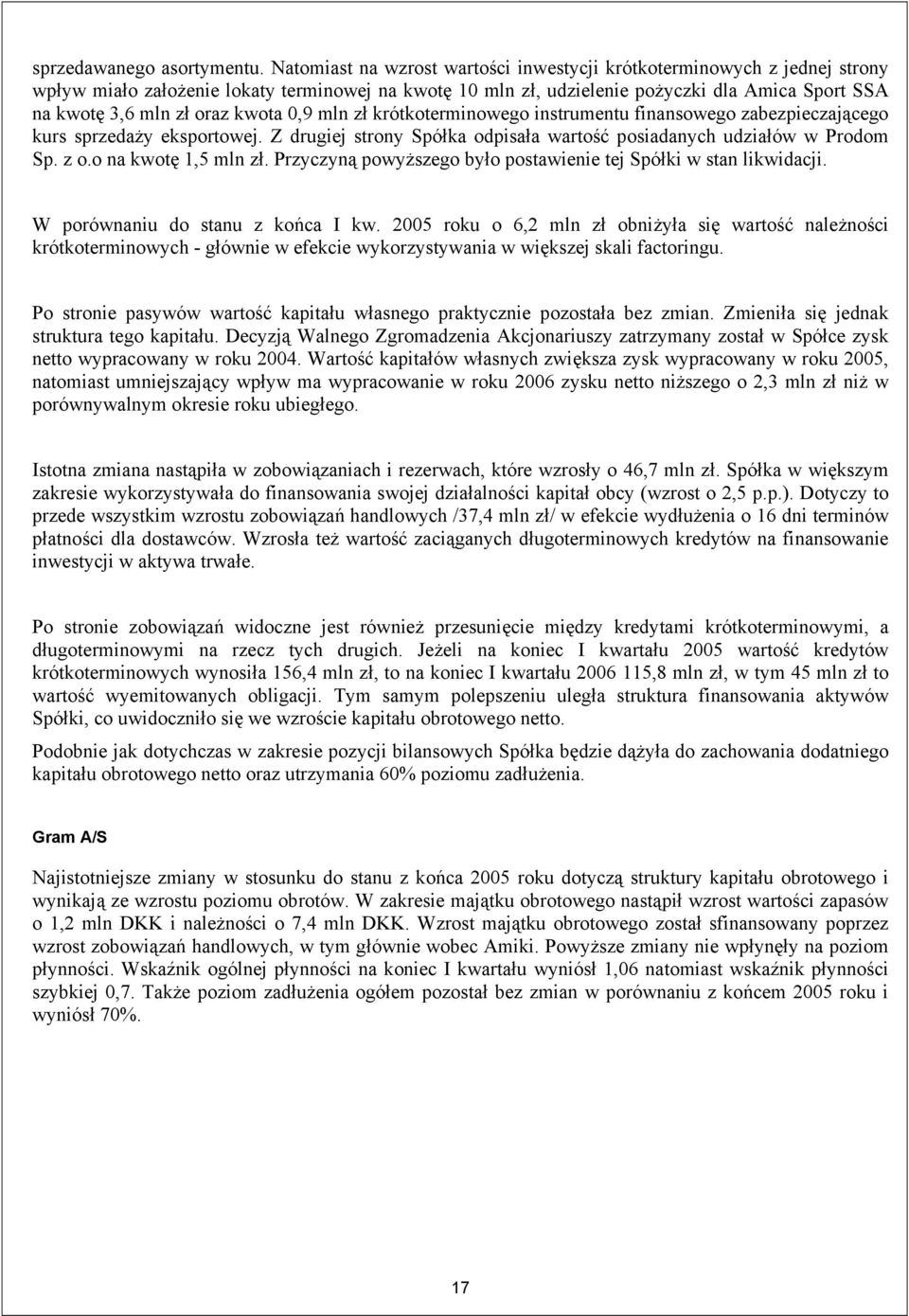 kwota 0,9 mln zł krótkoterminowego instrumentu finansowego zabezpieczającego kurs sprzedaży eksportowej. Z drugiej strony Spółka odpisała wartość posiadanych udziałów w Prodom Sp. z o.