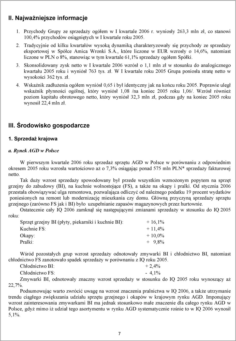 A., które liczone w EUR wzrosły o 14,6%, natomiast liczone w PLN o 8%, stanowiąc w tym kwartale 61,1% sprzedaży ogółem Spółki. 3.