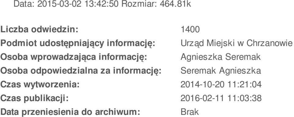 Chrzanowie Osoba wprowadzająca informację: Agnieszka Seremak Osoba odpowiedzialna za