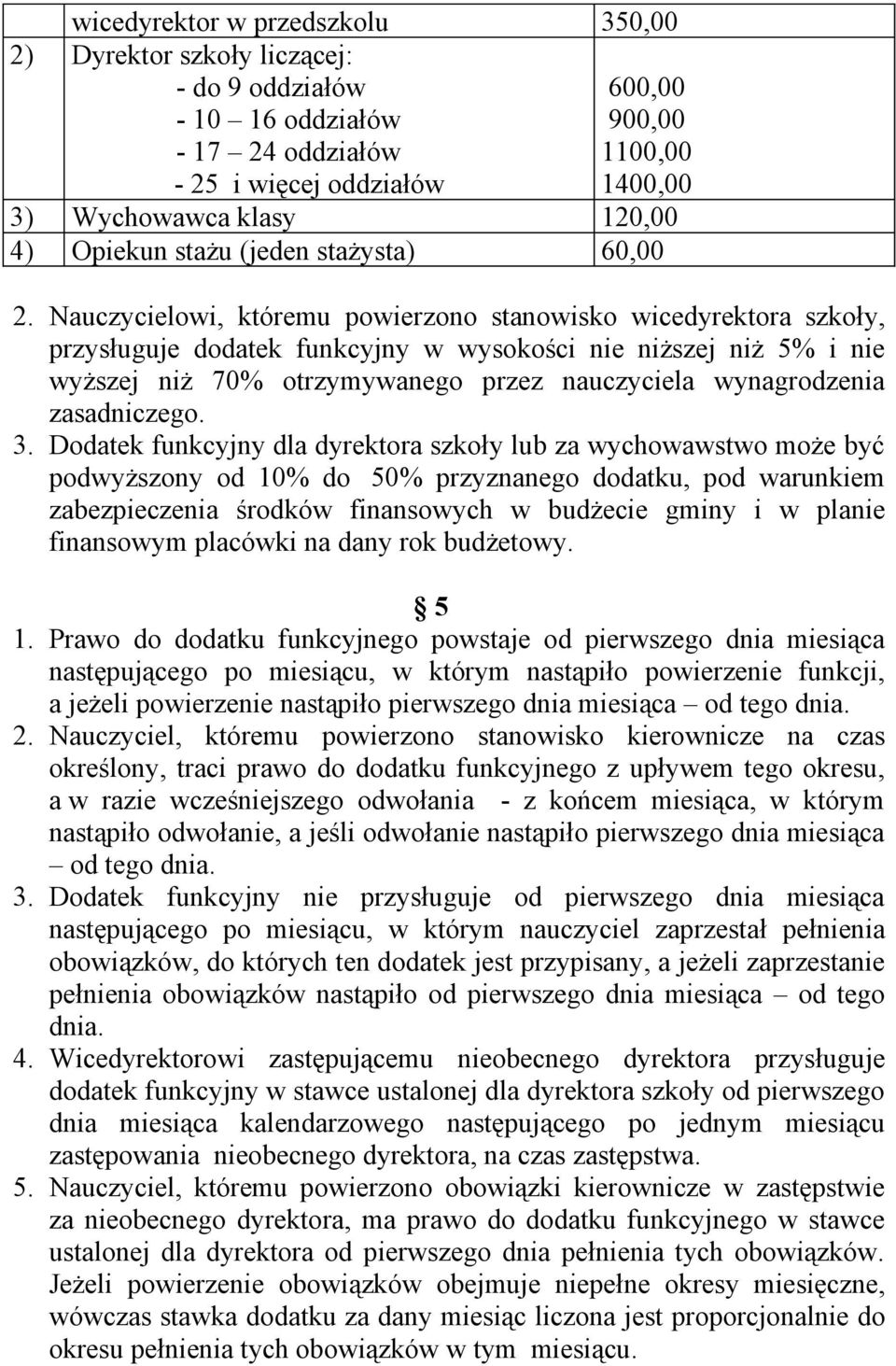 Nauczycielowi, któremu powierzono stanowisko wicedyrektora szkoły, przysługuje dodatek funkcyjny w wysokości nie niższej niż 5% i nie wyższej niż 70% otrzymywanego przez nauczyciela wynagrodzenia