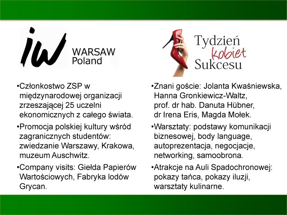 Company visits: Giełda Papierów Wartościowych, Fabryka lodów Grycan. Znani goście: Jolanta Kwaśniewska, Hanna Gronkiewicz-Waltz, prof. dr hab.