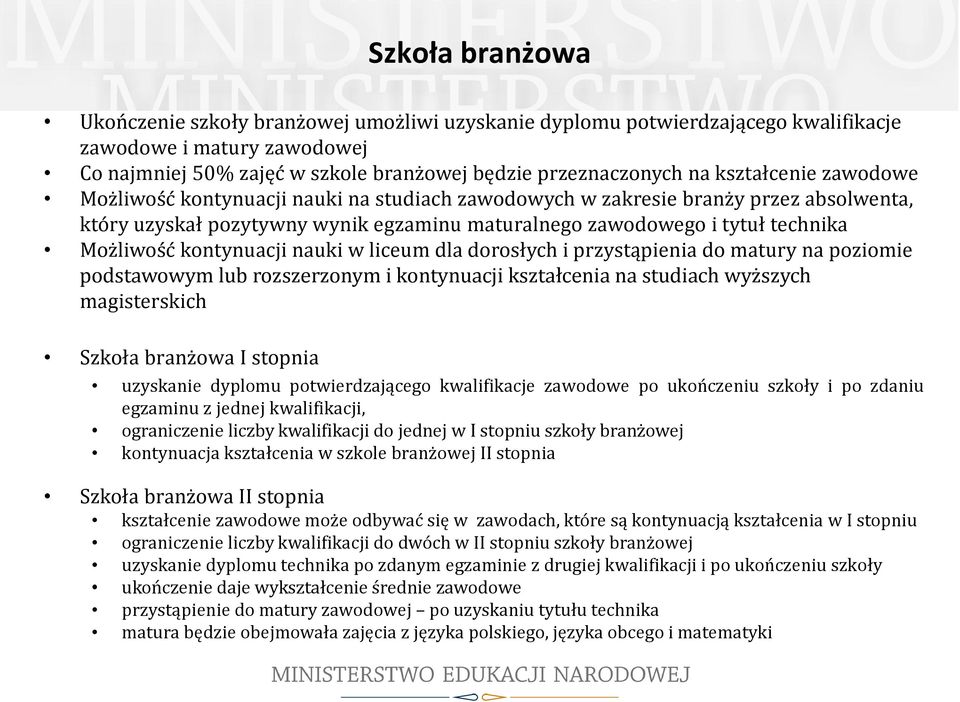 kontynuacji nauki w liceum dla dorosłych i przystąpienia do matury na poziomie podstawowym lub rozszerzonym i kontynuacji kształcenia na studiach wyższych magisterskich Szkoła branżowa I stopnia