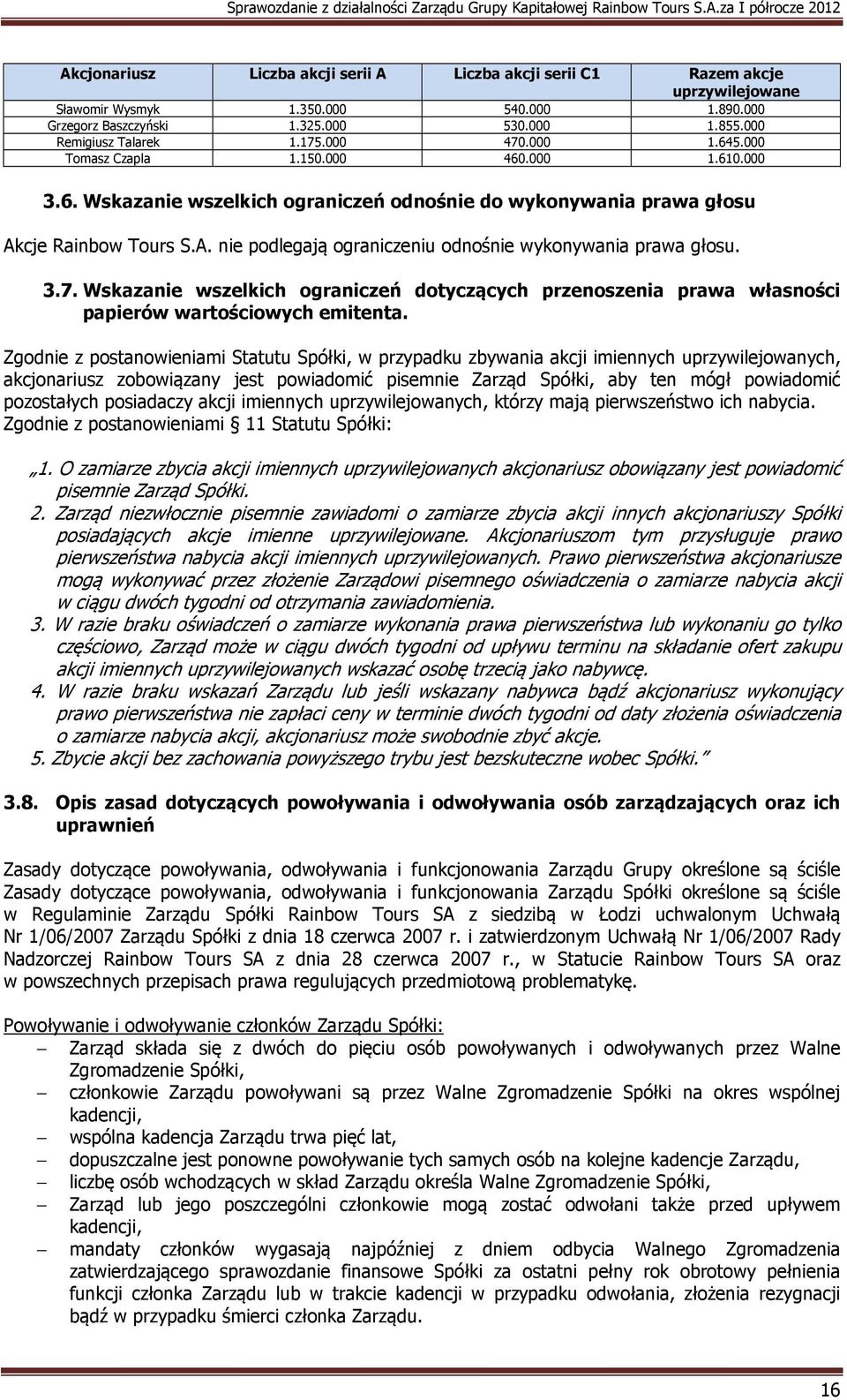 cje Rainbow Tours S.A. nie podlegają ograniczeniu odnośnie wykonywania prawa głosu. 3.7. Wskazanie wszelkich ograniczeń dotyczących przenoszenia prawa własności papierów wartościowych emitenta.