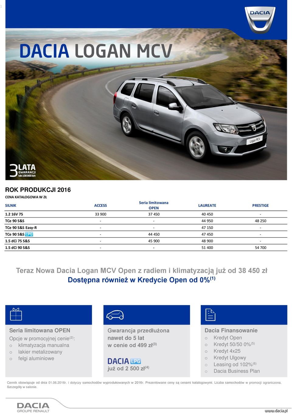 5 dci 90 S&S - - 51 400 54 700 Teraz Nowa Dacia Logan MCV Open z radiem i klimatyzacją już od 38 450 zł Dostępna również w Kredycie Open od 0% (1) Seria limitowana OPEN Opcje w promocyjnej cenie (2)