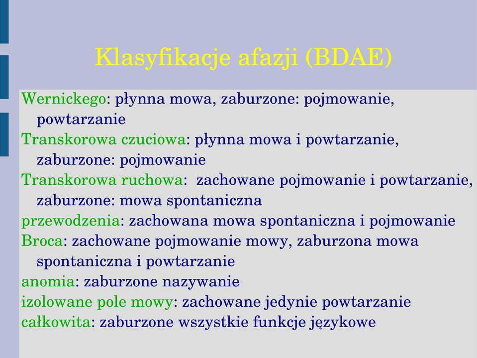 przewodzenia: zachowana mowa spontaniczna i pojmowanie Broca: zachowane pojmowanie mowy, zaburzona mowa spontaniczna i