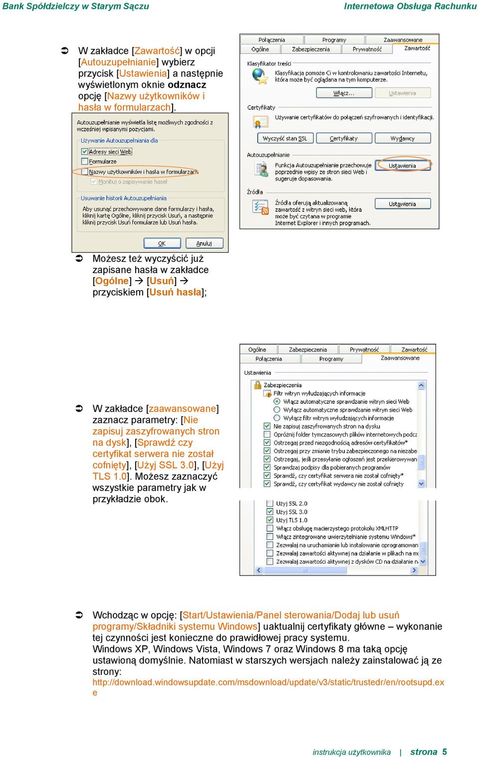 certyfikat serwera nie został cofnięty], [Użyj SSL 3.0], [Użyj TLS 1.0]. Możesz zaznaczyć wszystkie parametry jak w przykładzie obok.