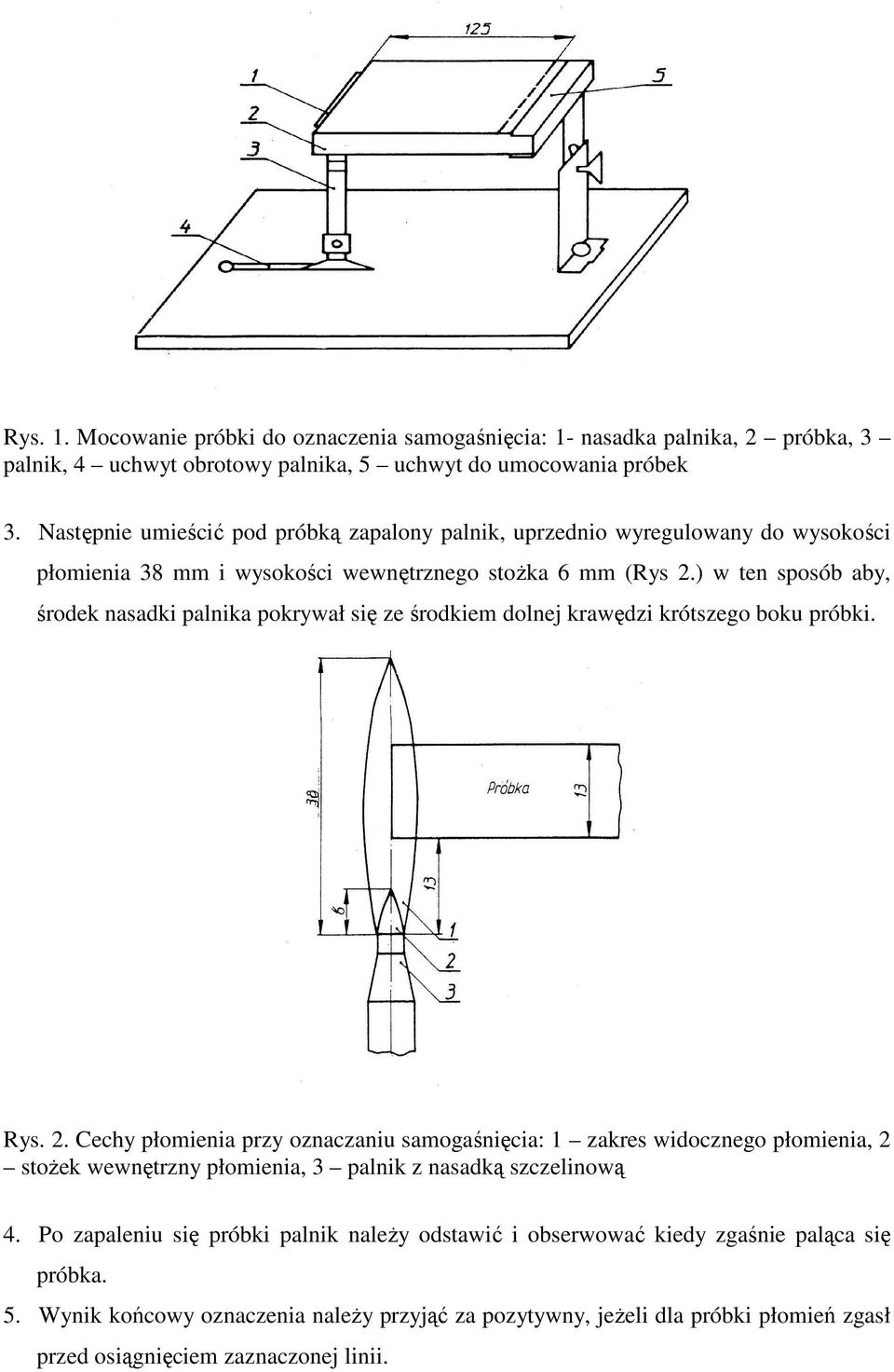 ) w ten sposób aby, środek nasadki palnika pokrywał się ze środkiem dolnej krawędzi krótszego boku próbki. Rys. 2.