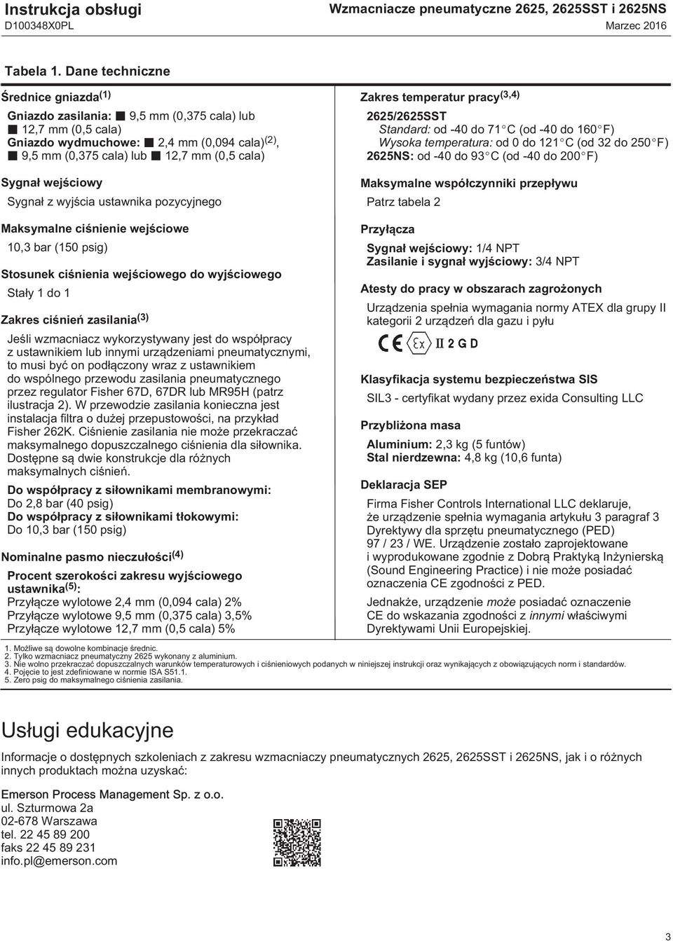 wejściowy Sygnał z wyjścia ustawnika pozycyjnego Maksymalne ciśnienie wejściowe 10,3 bar (150 psig) Stosunek ciśnienia wejściowego do wyjściowego Stały 1 do 1 Zakres ciśnień zasilania (3) Jeśli