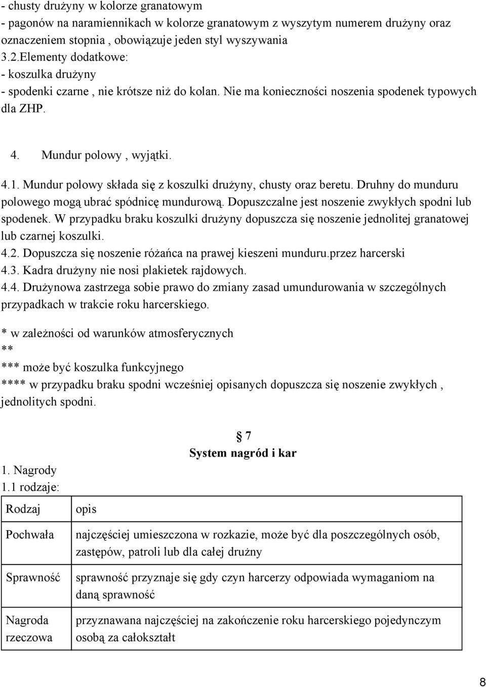 Mundur polowy składa się z koszulki drużyny, chusty oraz beretu. Druhny do munduru polowego mogą ubrać spódnicę mundurową. Dopuszczalne jest noszenie zwykłych spodni lub spodenek.