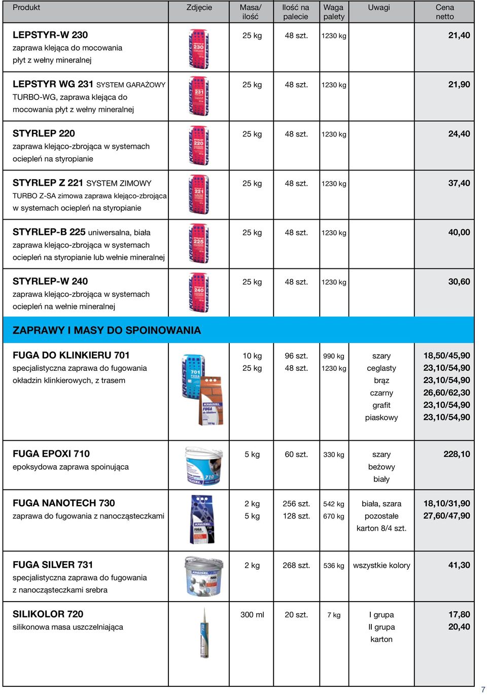 1230 kg 24,40 zaprawa klejąco-zbrojąca w systemach ociepleń na styropianie STYRLEP Z 221 SYSTEM ZIMOWY 25 kg 48 szt.