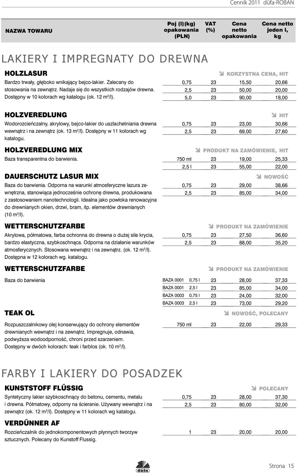 KORZYSTNA CENA, HIT 0,75 23 15,50 20,66 2,5 23 50,00 20,00 5,0 23 90,00 18,00 HOLZVEREDLUNG Wodorozcieńczalny, akrylowy, bejco-lakier do uszlachetniania drewna wewnątrz i na zewnątrz (ok. 13 m 2 /l).