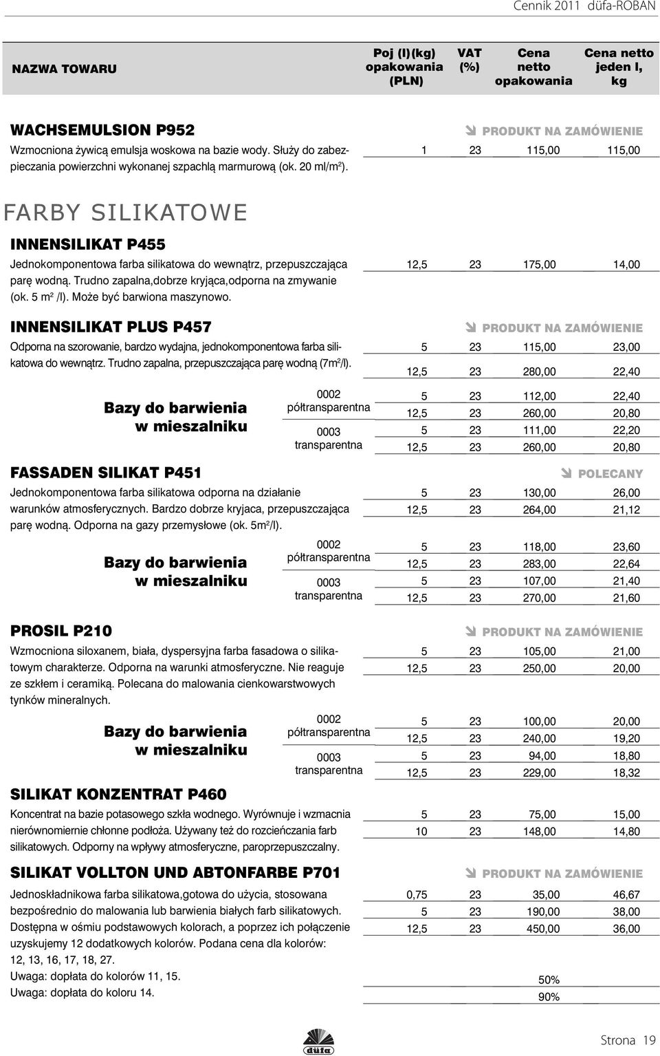 Może być barwiona maszynowo. INNENSILIKAT PLUS P457 Odporna na szorowanie, bardzo wydajna, jednokomponentowa farba silikatowa do wewnątrz. Trudno zapalna, przepuszczająca parę wodną (7m 2 /l).