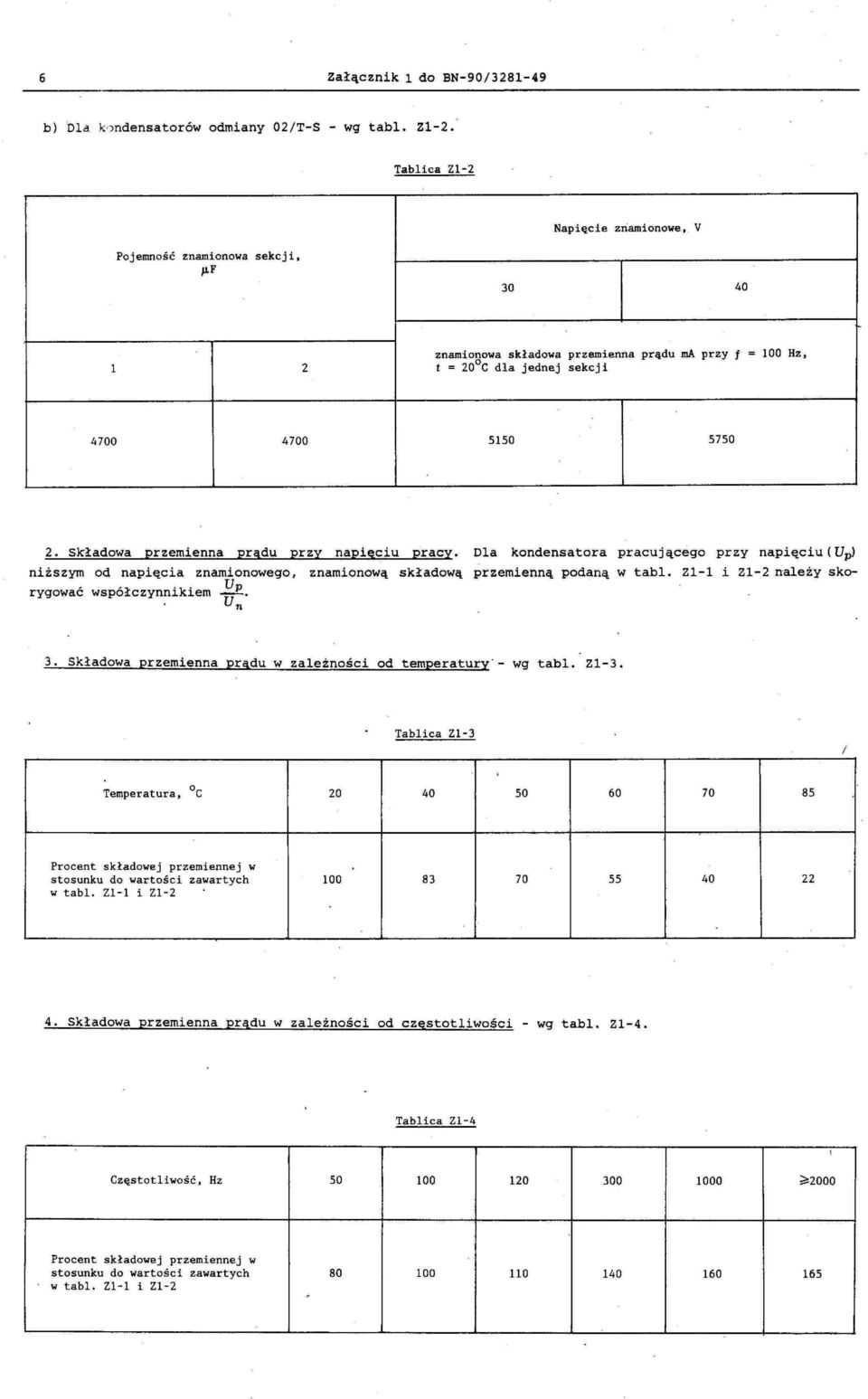 składową przemienną podaną w tabl Zll i Zl2 należy skorygować współczynnikiem Up Un 3 Składowa przemienna prądu w zależności od temperatury' wg tabl Zl3 Tablica Zl3 Temperatura Oc 20 40 50 60 70 85