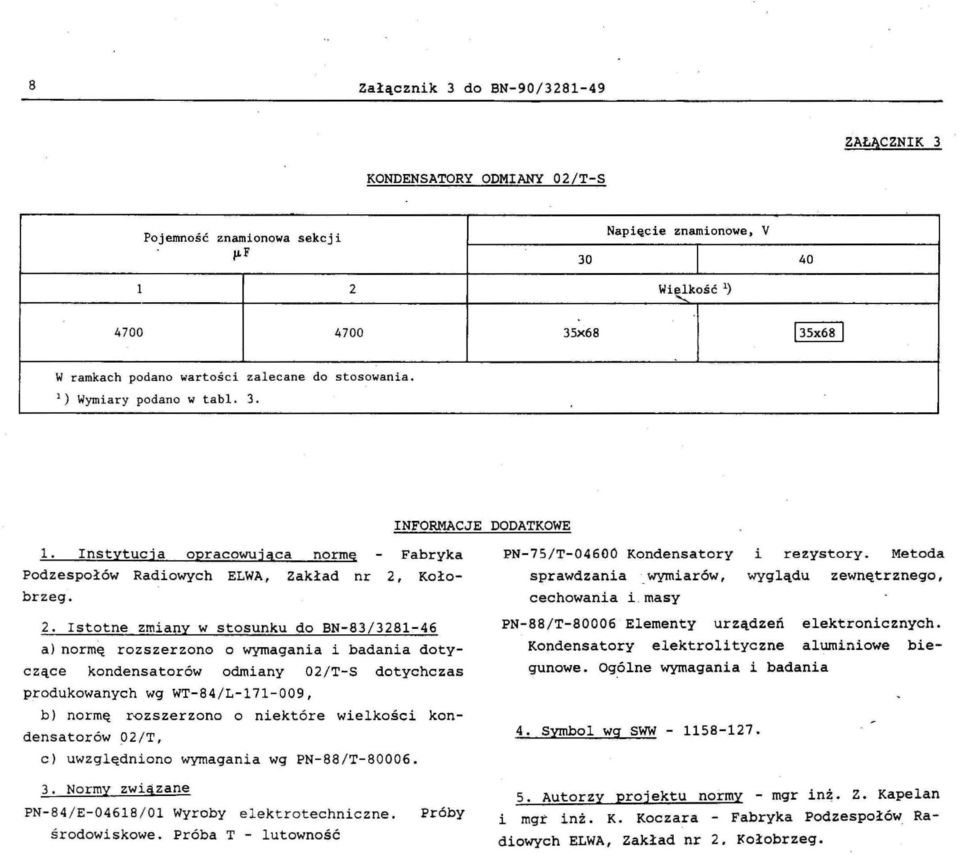 a) normę rozszerzono o wymagania i badania dotyczące kondensatorów odmiany 02/TS dotychczas produkowanych wg WT84/Ll7l009 b) normę rozszerzono o niektóre wielkości kondensatorów 02 / T c)