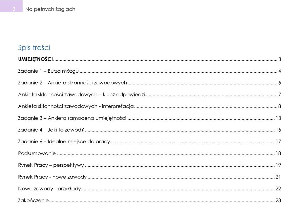.. 8 Zadanie 3 Ankieta samocena umiejętności... 13 Zadanie 4 Jaki to zawód?... 15 Zadanie 6 Idealne miejsce do pracy.