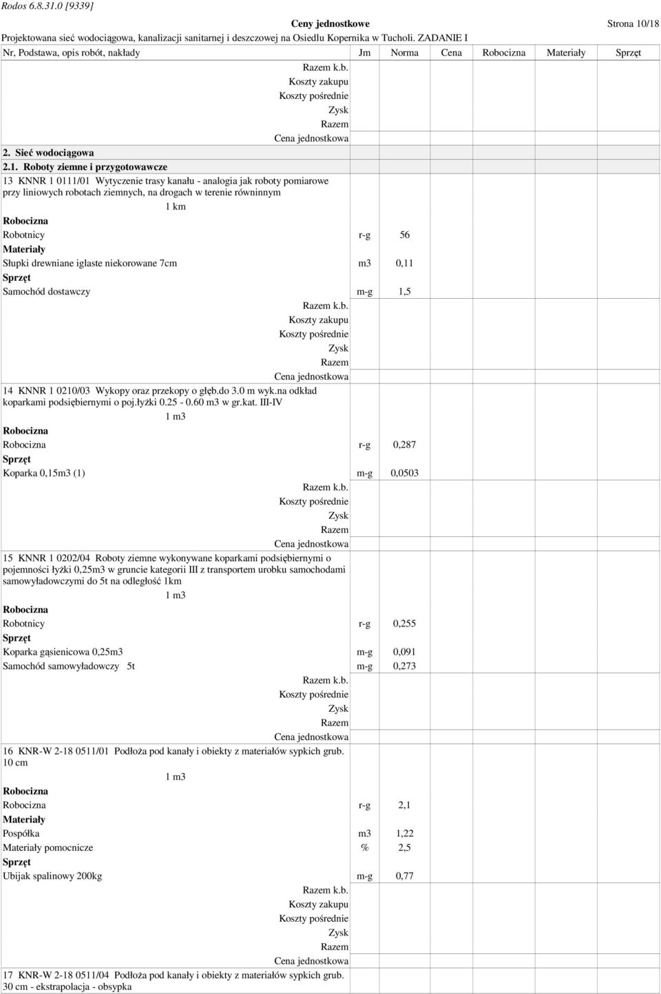 liniowych robotach ziemnych, na drogach w terenie równinnym 1 km Robotnicy r-g 56 Słupki drewniane iglaste niekorowane 7cm m3 0,11 Samochód dostawczy m-g 1,5 k.b. 14 KNNR 1 0210/03 Wykopy oraz przekopy o głęb.
