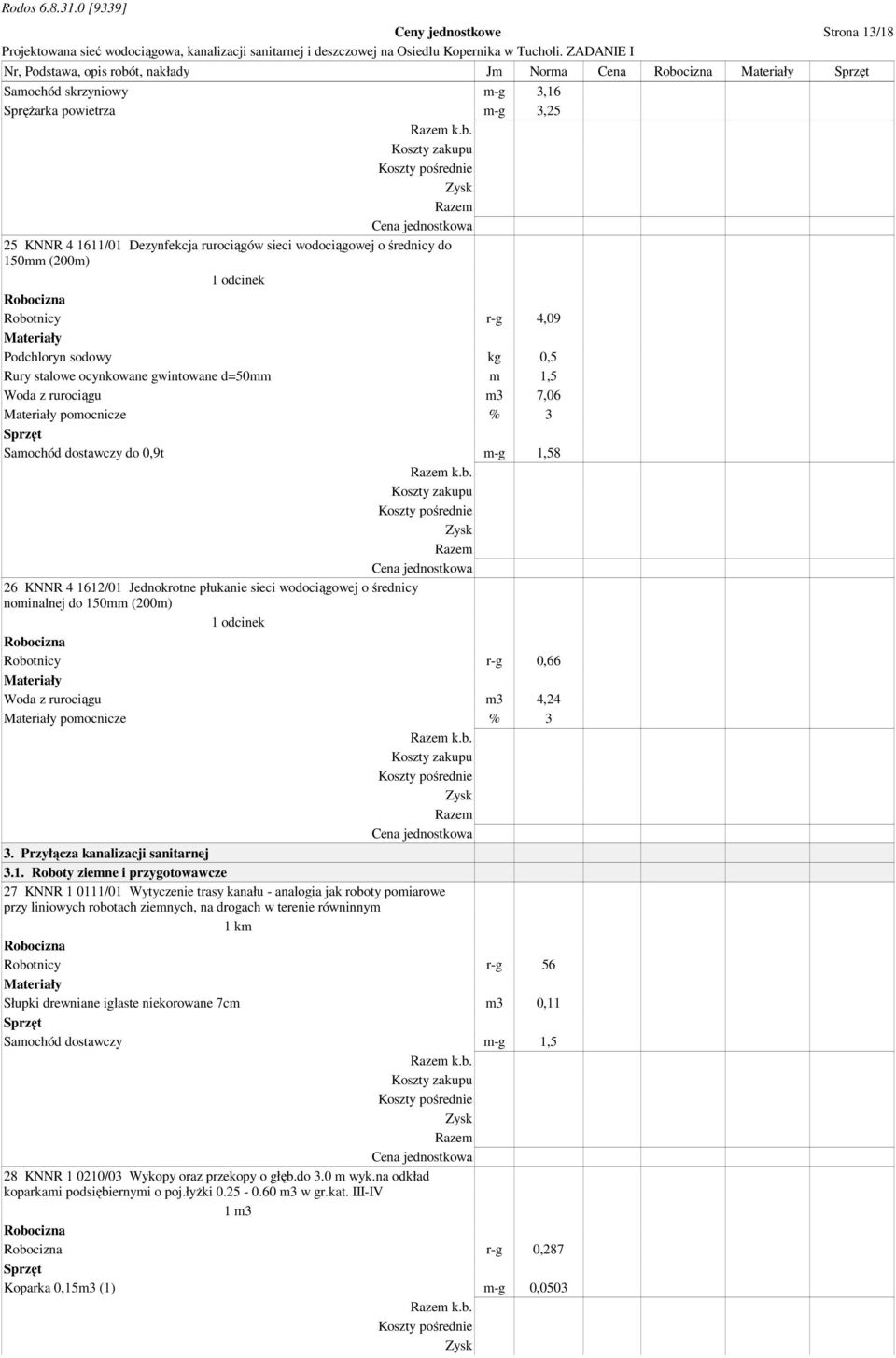 25 KNNR 4 1611/01 Dezynfekcja rurociągów sieci wodociągowej o średnicy do 150mm (200m) 1 odcinek Robotnicy r-g 4,09 Podchloryn sodowy kg 0,5 Rury stalowe ocynkowane gwintowane d=50mm m 1,5 Woda z