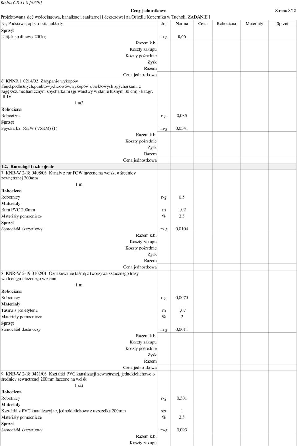 2. Rurociągi i uzbrojenie 7 KNR-W 2-18 0408/03 Kanały z rur PCW łączone na wcisk, o średnicy zewnętrznej 200mm 1 m Robotnicy r-g 0,5 Rura PVC 200mm m 1,02 pomocnicze % 2,5 Samochód skrzyniowy m-g