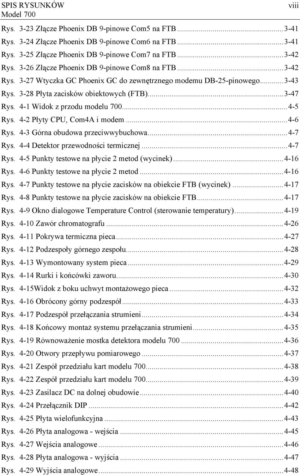 4-1 Widok z przodu modelu 700...4-5 Rys. 4-2 Płyty CPU, Com4A i modem...4-6 Rys. 4-3 Górna obudowa przeciwwybuchowa...4-7 Rys. 4-4 Detektor przewodności termicznej...4-7 Rys. 4-5 Punkty testowe na płycie 2 metod (wycinek).