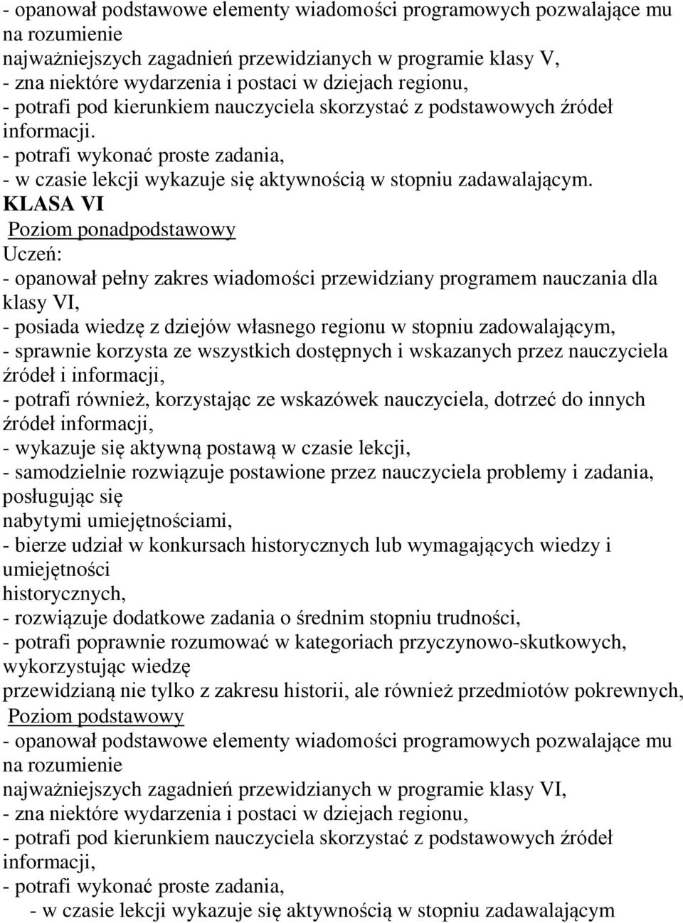 KLASA VI Poziom ponadpodstawowy - opanował pełny zakres wiadomości przewidziany programem nauczania dla klasy VI, - posiada wiedzę z dziejów własnego regionu w stopniu zadowalającym, - sprawnie