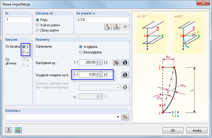 11: Okno dialogowe Nowa imperfekcja Chcemy zastosować imperfekcję w Kierunku osi y słupa, czyli w kierunku 'słabej' osi pręta, która w naszym przypadku jest równoległa do globalnej osi Y.