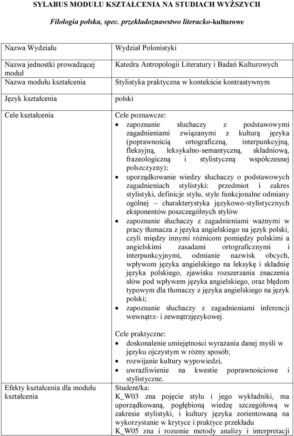 Polonistyki Katedra Antropologii Literatury i Badań Kulturowych Stylistyka praktyczna w kontekście kontrastywnym polski Cele poznawcze: zapoznanie słuchaczy z podstawowymi zagadnieniami związanymi z