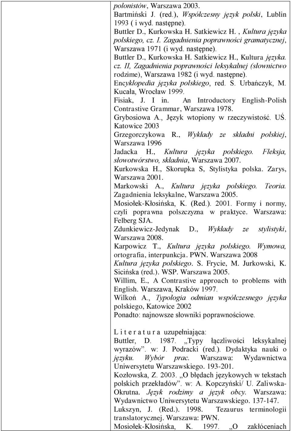 II, Zagadnienia poprawności leksykalnej (słownictwo rodzime), Warszawa 1982 (i wyd. następne). Encyklopedia języka polskiego, red. S. Urbańczyk, M. Kucała, Wrocław 1999. Fisiak, J. I in.