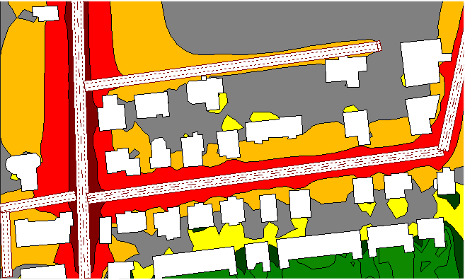 Rysunek 47. Lokalna, uproszczona mapa akustyczna dla wycinka obszaru wprowadzonego wyżej (Rysunek 45)