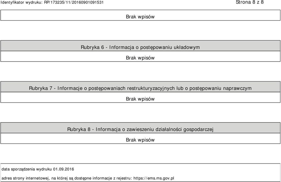 Informacja o zawieszeniu działalności gospodarczej data sporządzenia wydruku 01.09.