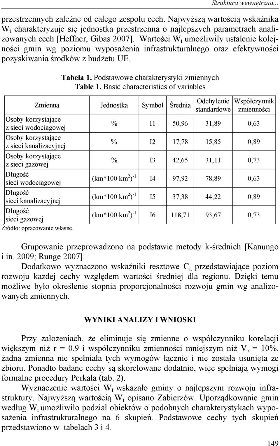 Wartości W i umożliwiły ustalenie kolejności gmin wg poziomu wyposażenia infrastrukturalnego oraz efektywności pozyskiwania środków z budżetu UE. Tabela 1.