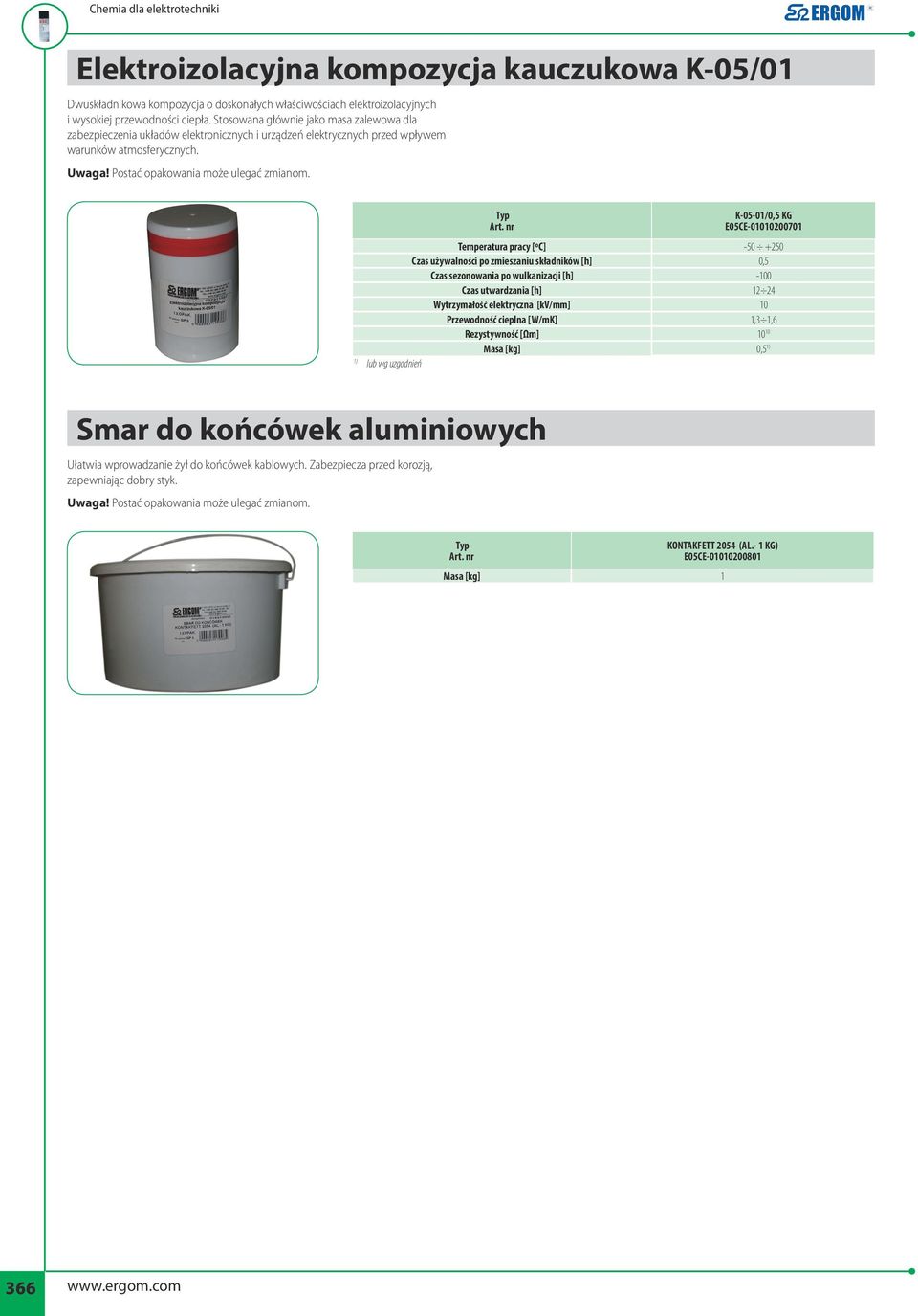 K-05-01/0,5 KG E05CE-01010200701 Temperatura pracy [ºC] -50 +250 Czas używalności po zmieszaniu składników [h] 0,5 Czas sezonowania po wulkanizacji [h] -100 Czas utwardzania [h] 12 24