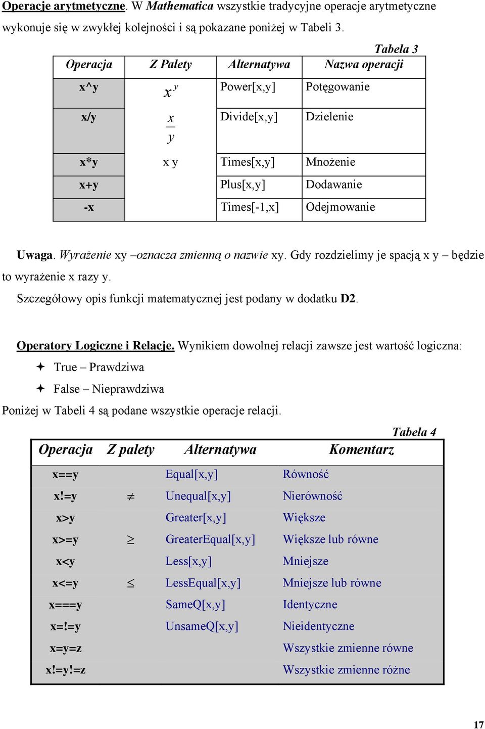 Wyrażenie xy oznacza zmienną o nazwie xy. Gdy rozdzielimy je spacją x y będzie to wyrażenie x razy y. Szczegółowy opis funkcji matematycznej jest podany w dodatku D2. Operatory Logiczne i Relacje.