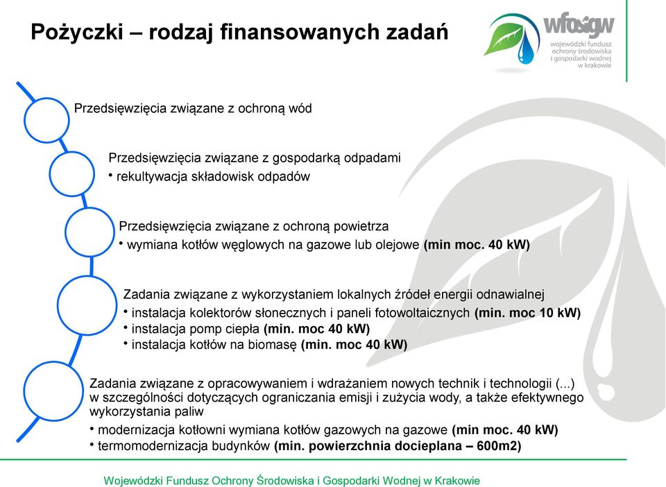 moc 10 kw) instalacja pomp ciepła (min. moc 40 kw) instalacja kotłów na biomasę (min. moc 40 kw) Zadania związane z opracowywaniem i wdrażaniem nowych technik i technologii (.