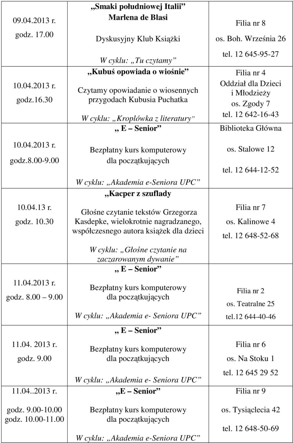 przygodach Kubusia Puchatka W cyklu: Kroplówka z literatury Kacper z szuflady Głośne czytanie tekstów Grzegorza Kasdepke, wielokrotnie nagradzanego,