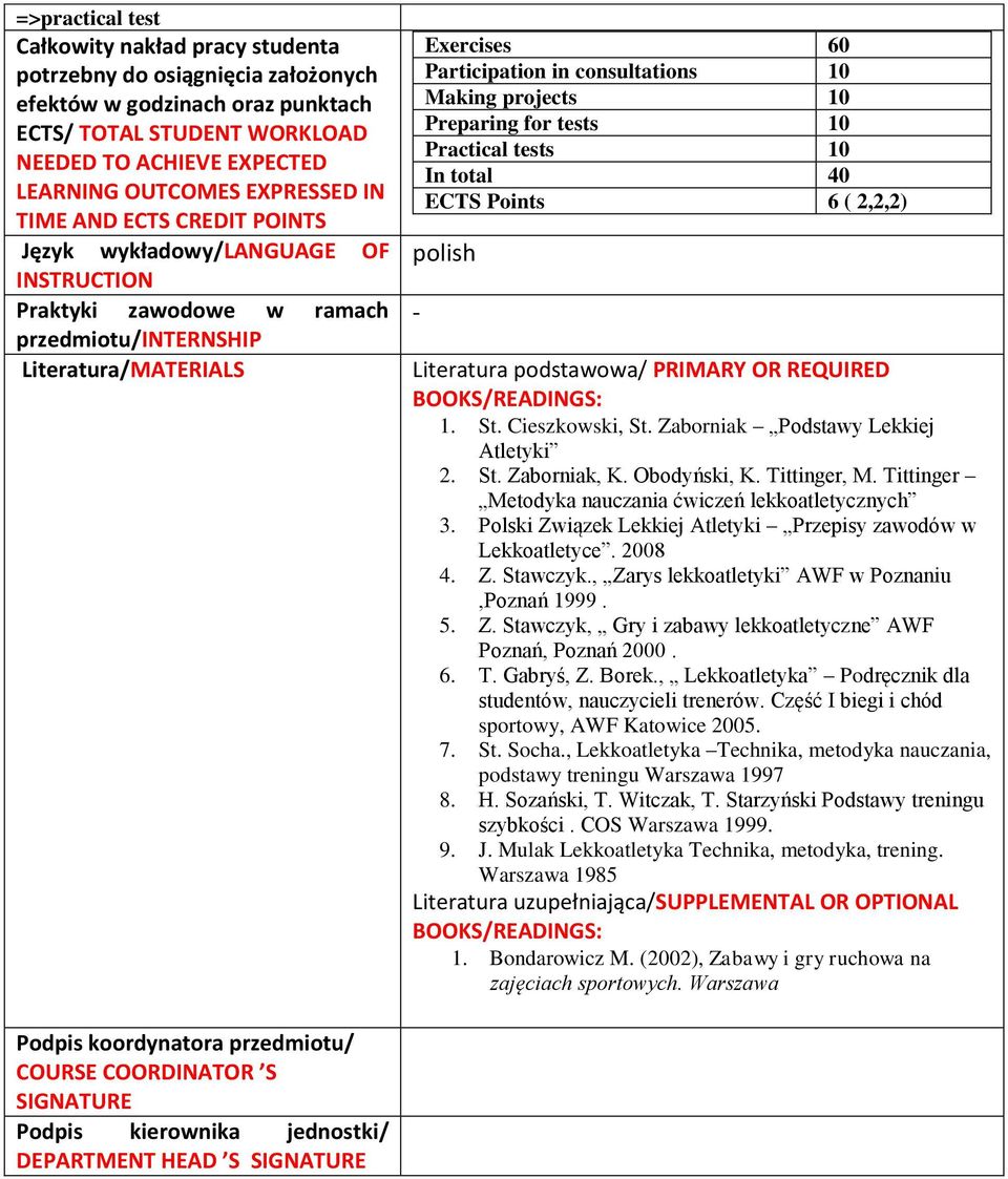 Making projects 10 Preparing for tests 10 Practical tests 10 In total 40 ECTS Points 6 ( 2,2,2) polish - Literatura podstawowa/ PRIMARY OR REQUIRED BOOKS/READINGS: 1. St. Cieszkowski, St.