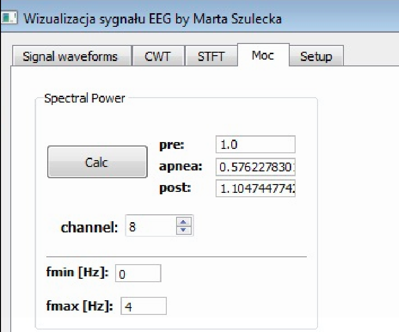 5.1.3 Moduł estymacji mocy Moduł estymacji mocy umożliwia obliczenie mocy spektralnej na 10 sekundowych odcinkach przed, w trakcie i po bezdechu.